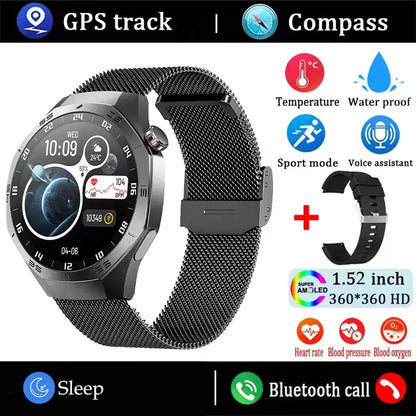 Smartwatch with features like GPS track, compass, temperature, waterproof, sport mode, voice assistant, heart rate, blood pressure, and blood oxygen on a black background.