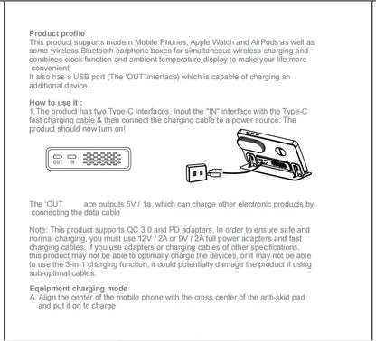 Product description and usage instructions for a charging device on a white background