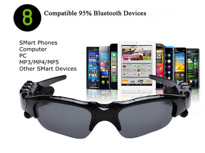 Sunglasses with Bluetooth device compatibility text and smartphone images in the background
