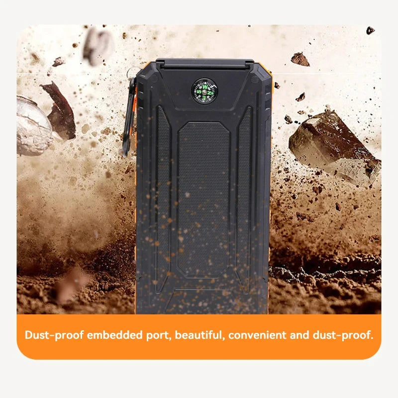 Dust-proof power bank with rugged design on a background of dirt and rocks.