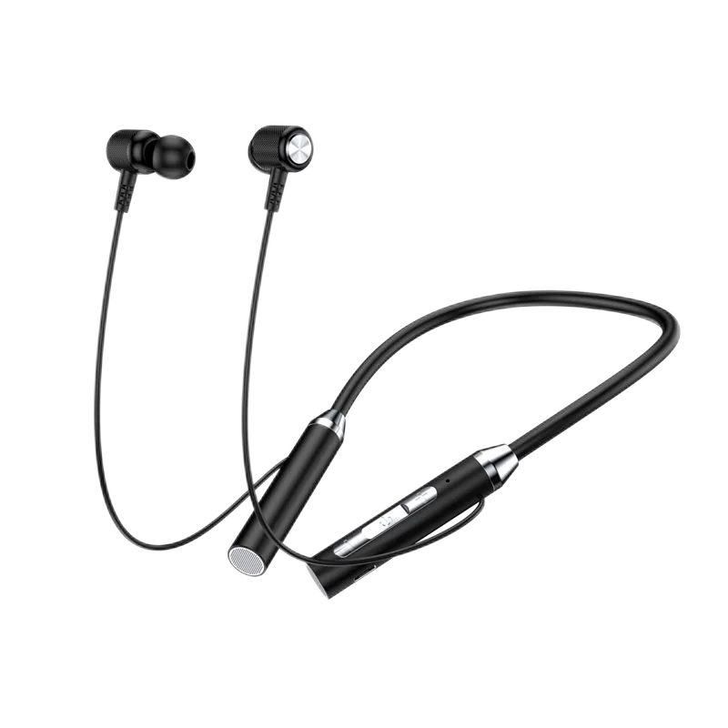 Black wireless neckband headphones on a white background