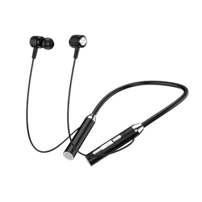 Black wireless neckband headphones on a white background