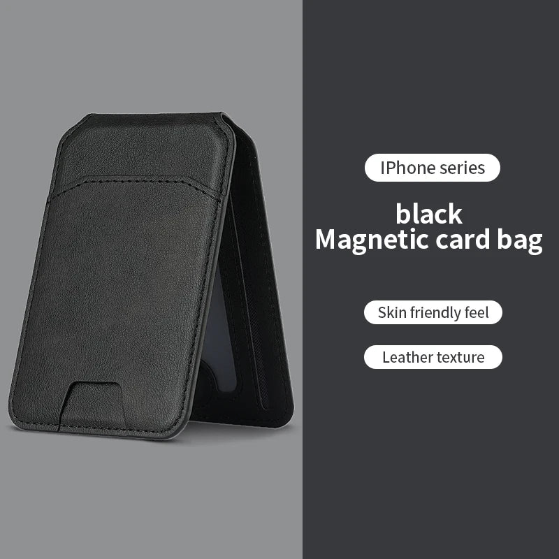 Black magnetic card bag for iPhone with text on a gray background