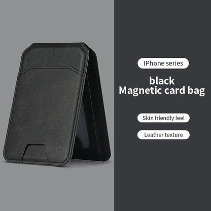 Black magnetic card bag for iPhone with text on a gray background