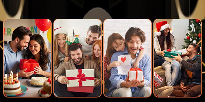 Collage of people celebrating with gifts and festive decorations