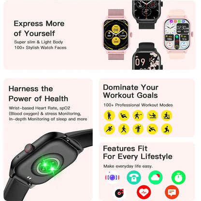 Smartwatch with various features highlighted on a light pink background