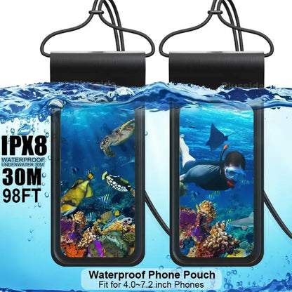 Two waterproof phone pouches with underwater scene design, featuring IPX8 certification

