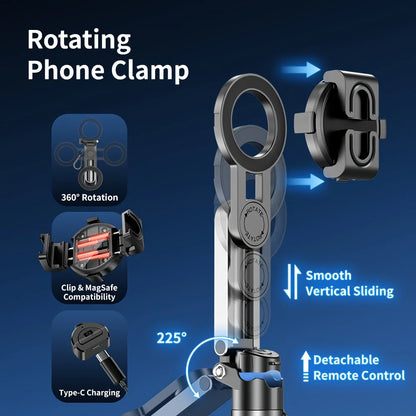Rotating phone clamp with features highlighted on a blue background