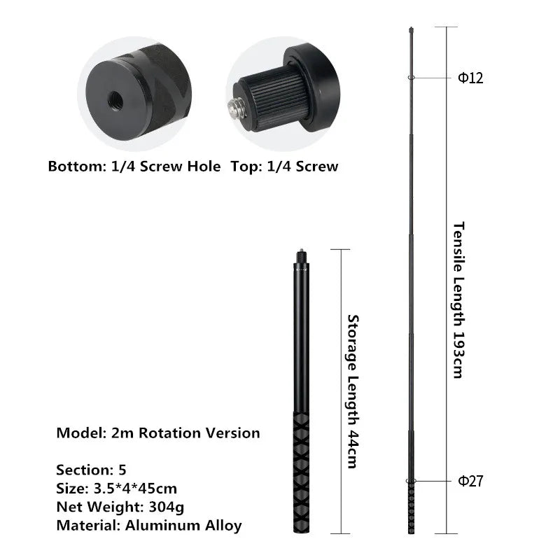 Measurement chart of a black telescopic rod with specifications on a white background