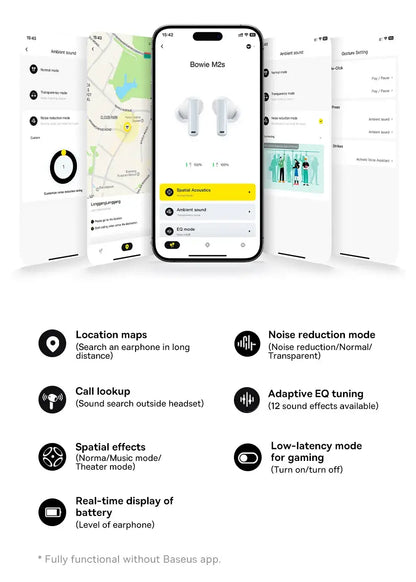 Smartphone displaying an app interface with earbuds and features listed on a white background
