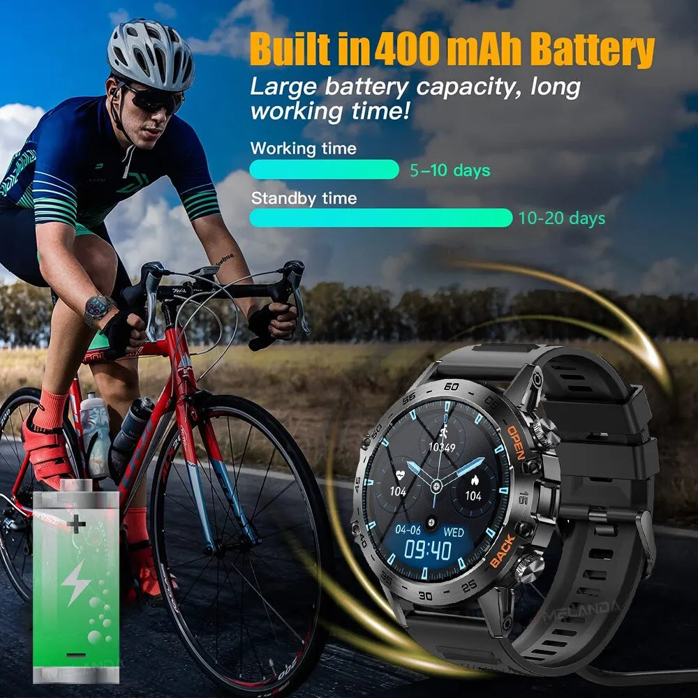 Smartwatch with bicycle and cyclist on a scenic road, highlighting battery capacity.