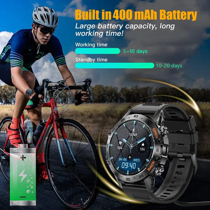 Smartwatch with bicycle and cyclist on a scenic road, highlighting battery capacity.