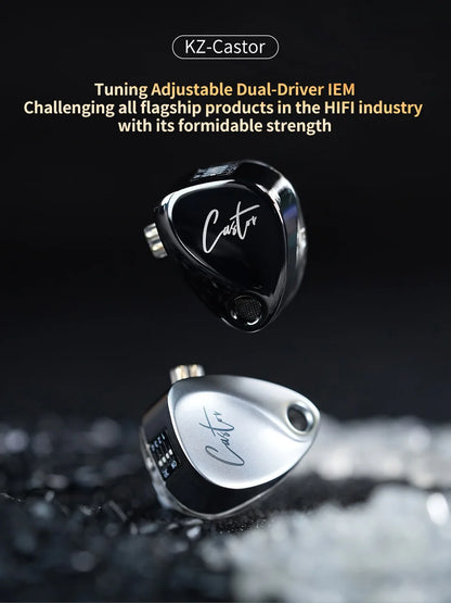 KZ-Castor earbud with text on a dark background