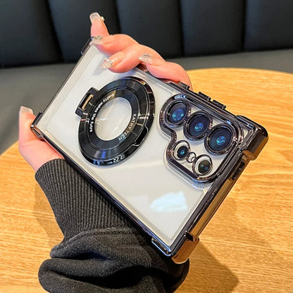 Clear phone case with camera lens design held by a hand on a wooden surface.