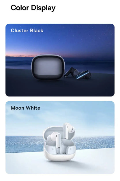 Two product images labeled "Cluster Black" and "Moon White" with scenic backgrounds
