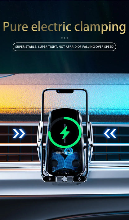 Car phone holder with electric clamping feature on a car dashboard