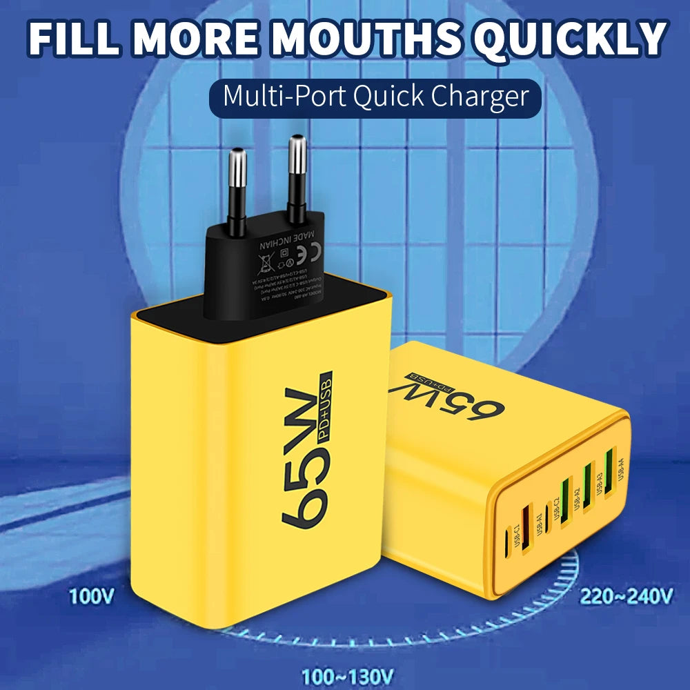 65W yellow multi-port quick charger wall adapter with text 'Fill More Mouths Quickly' on a blue background.