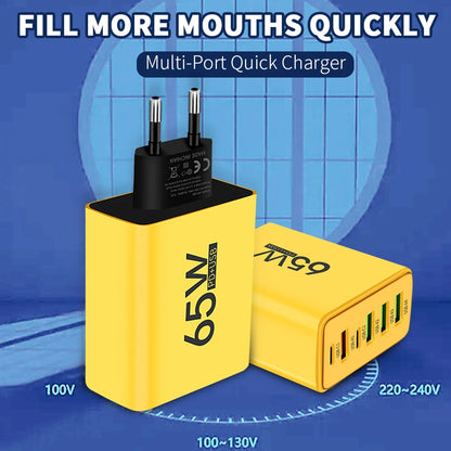 65W yellow multi-port quick charger wall adapter with text 'Fill More Mouths Quickly' on a blue background.
