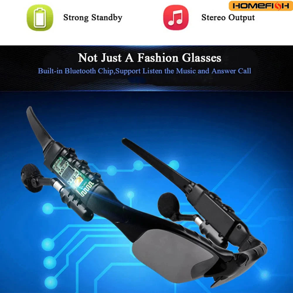 Bluetooth glasses with electronic components on a blue background, featuring text about stereo output and music functionality.