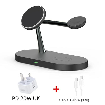 Black phone charging stand with accessories on a white background