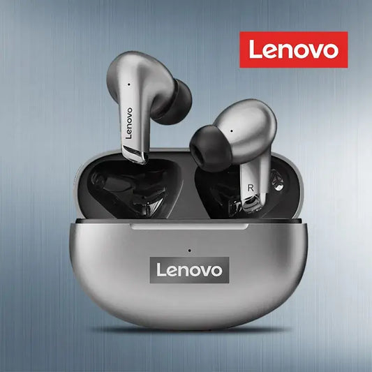 Lenovo wireless earbuds with charging case on a gray background

