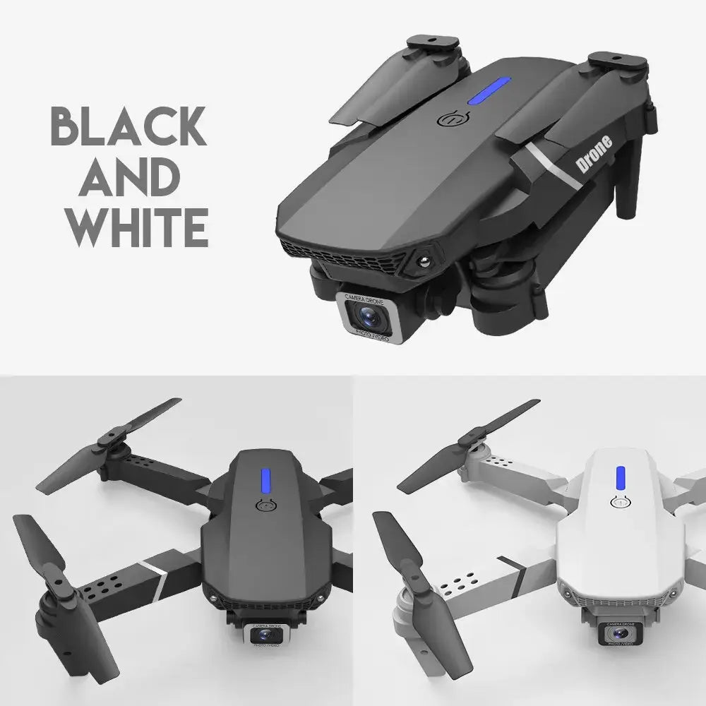 E88 Pro black and white drone with 'Drone' branding on a light gray background
