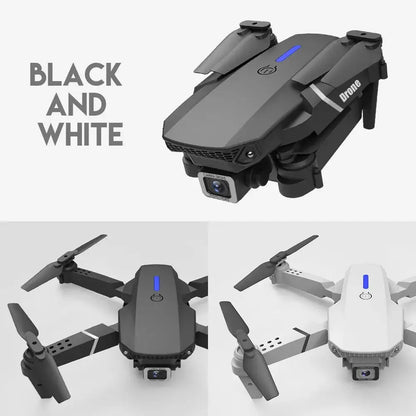 E88 Pro black and white drone with 'Drone' branding on a light gray background
