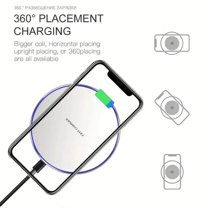 30W wireless charging pad with 360 degree placement allowing horizontal vertical or angled charging for smartphones.