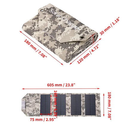Camouflage solar panel with dimensions labeled on a white background