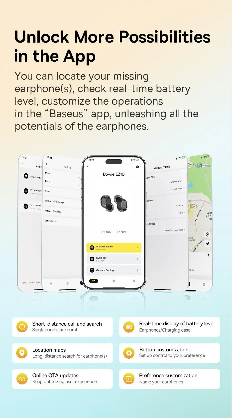 Phone screen displaying app features alongside earphones, set against a map background
