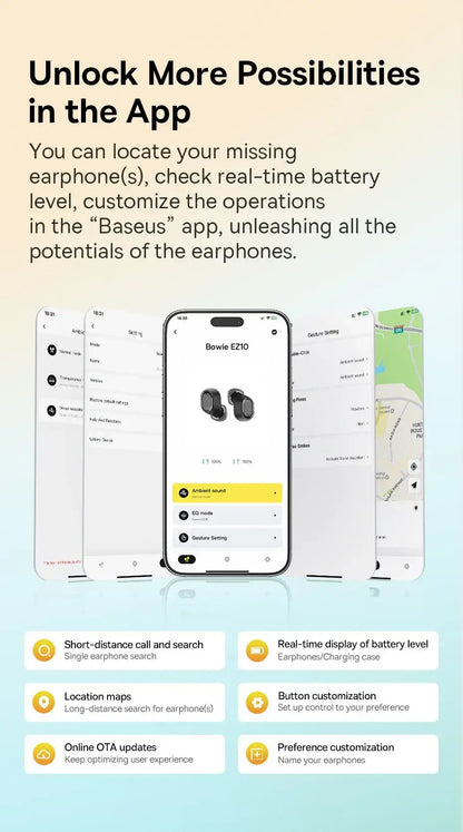 Phone screen displaying app features alongside earphones, set against a map background
