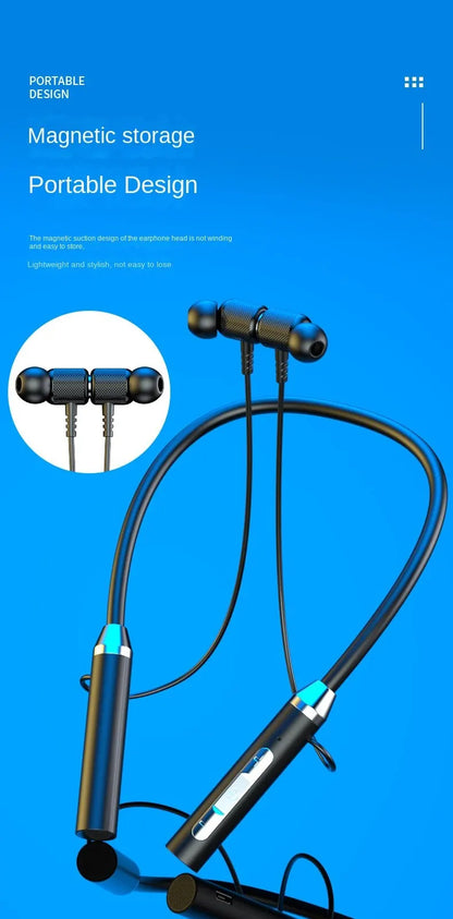 Bluetooth earbuds with magnetic storage feature on a blue background