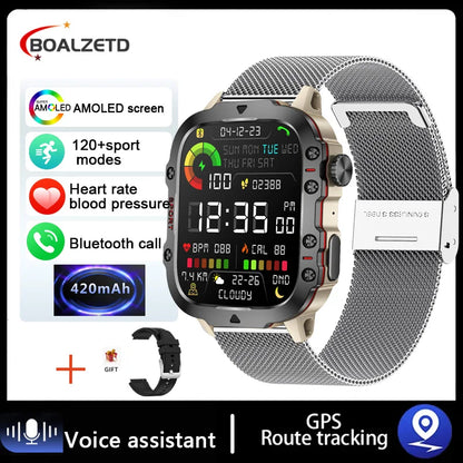 Smartwatch with metallic band and feature highlights on a white background