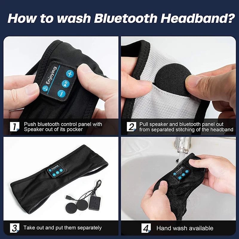 Step-by-step guide on how to wash a Bluetooth headband with images and text instructions.