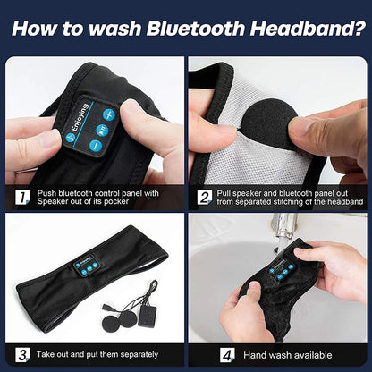 Step-by-step guide on how to wash a Bluetooth headband with images and text instructions.