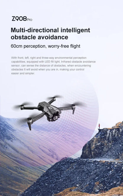 Drone with text about multi-directional intelligent obstacle avoidance on a scenic background