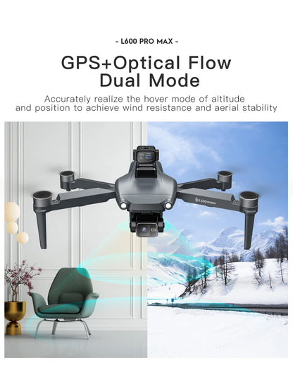 Drone with text about GPS+Optical Flow Dual Mode in a room with a window view of a snowy landscape.