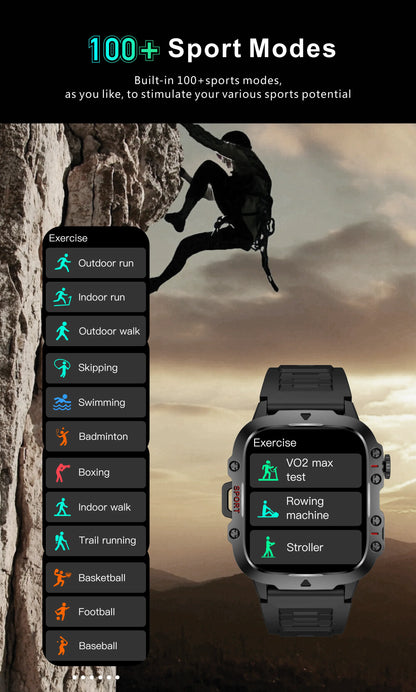 Smartwatch with exercise modes displayed against a climbing background