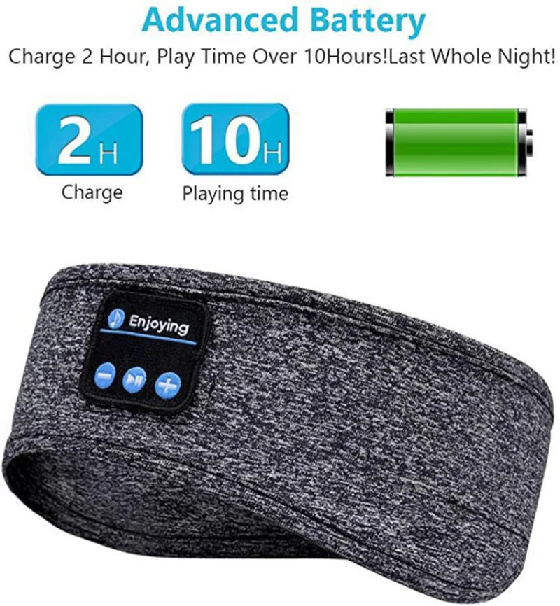 Gray Bluetooth headband with battery display and charging information on a white background