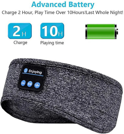 Gray Bluetooth headband with battery display and charging information on a white background