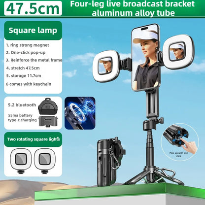 Four-leg live broadcast bracket with square lamp and smartphone holder on a blue background