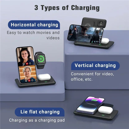 Three charging stations for horizontal, vertical, and lie flat charging on a blue background.