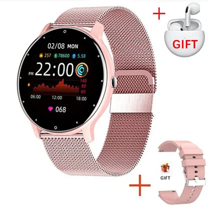LIGE 2024 Smartwatch with rose gold metal band and GIFT-labeled box on white background