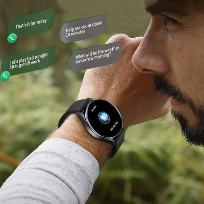 Man using a smartwatch with text bubbles showing a conversation.
