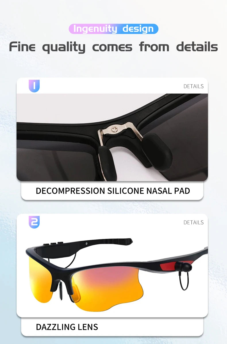 Sunglasses with decompression silicone nasal pad and dazzling lens on a light blue background.