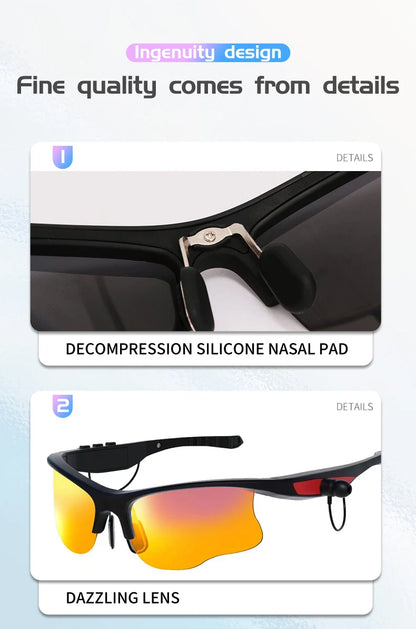 Sunglasses with decompression silicone nasal pad and dazzling lens on a light blue background.
