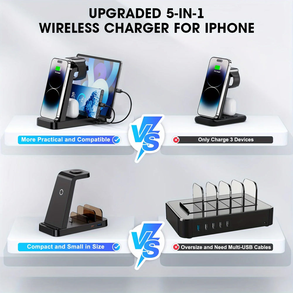 Comparison of an upgraded 5-in-1 wireless charger for iPhone with other charging solutions on a white background.