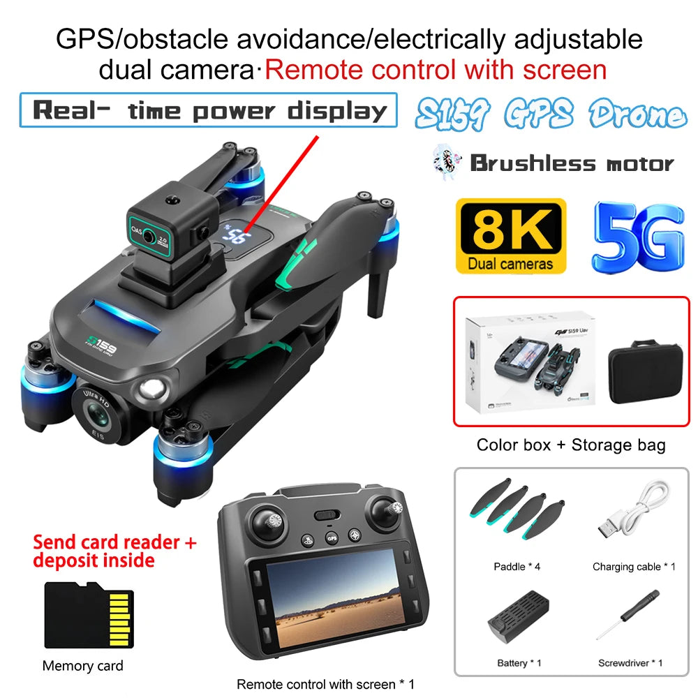 S97 GPS Drone with remote control, 8K dual cameras, and 5G connectivity on a white background.