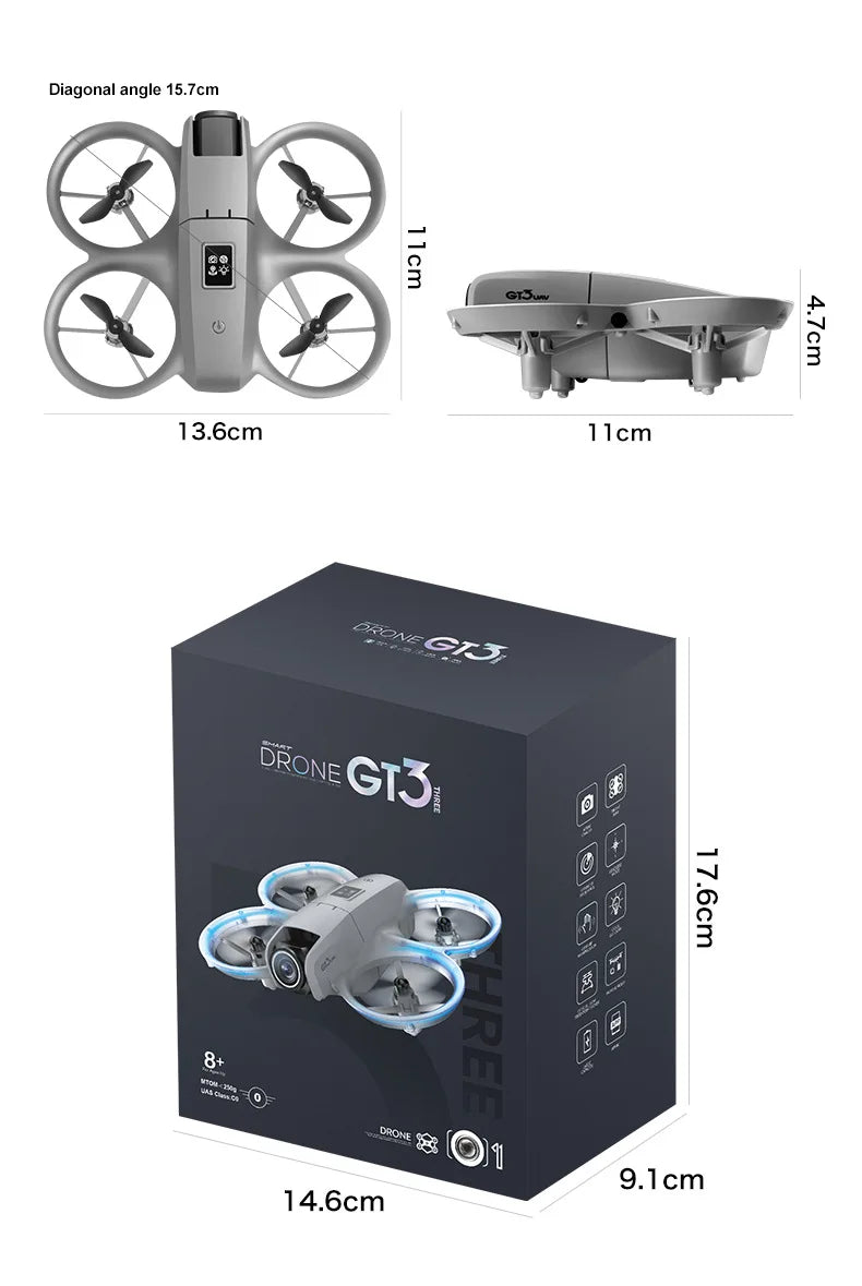 Drone GT3 with its packaging and dimensions displayed on a white background