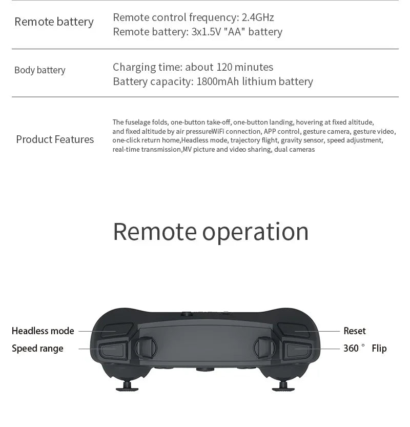 Remote control with battery information and product features on a white background